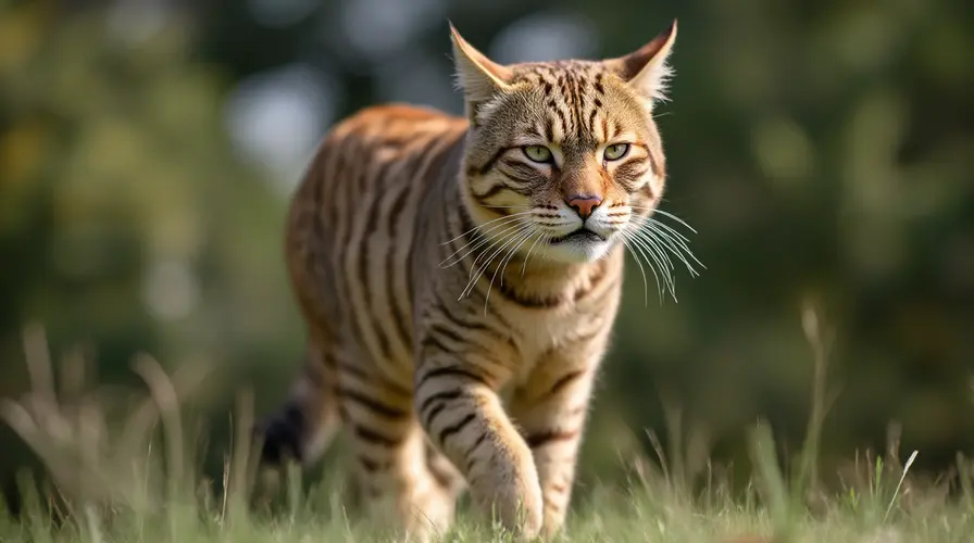 A striped domestic cat walking confidently through a grassy field.