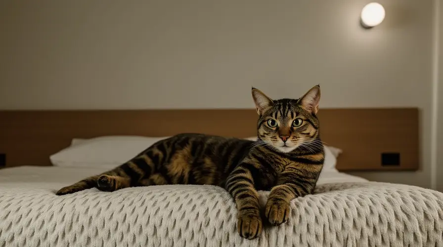 Tabby cat lounging on a textured white bedspread in a dimly lit bedroom.