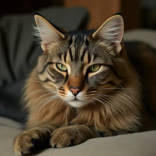 A majestic maine coon  with striking green eyes lounging indoors.