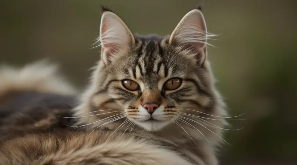 Close-up of a Maine coon cat with striking amber eyes.