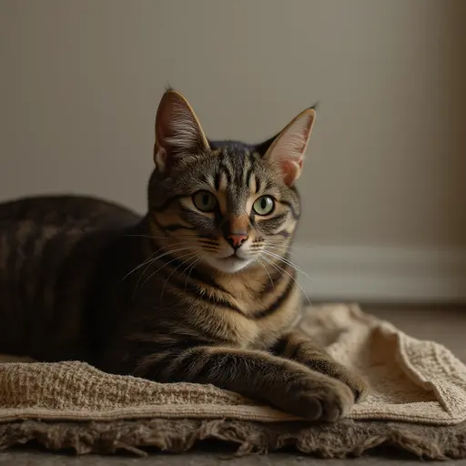 Tabby cat lying on a beige blanket with a soft gaze and a dimly lit background.