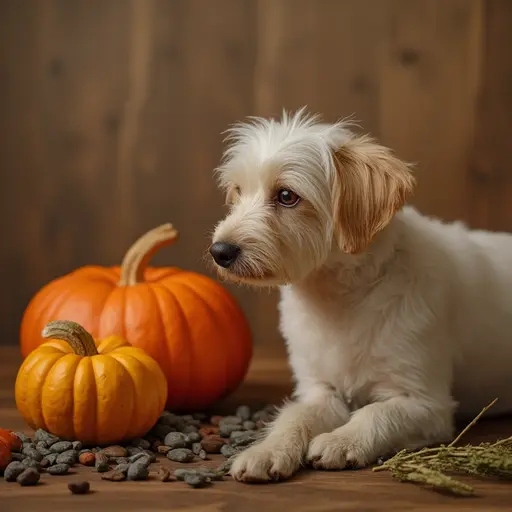 Small white dog sitting next to pumpkins and scattered leaves on wooden floor.