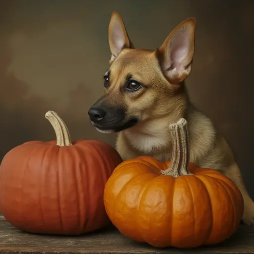 A brown dog with erect ears sitting beside two pumpkins on a wooden surface.