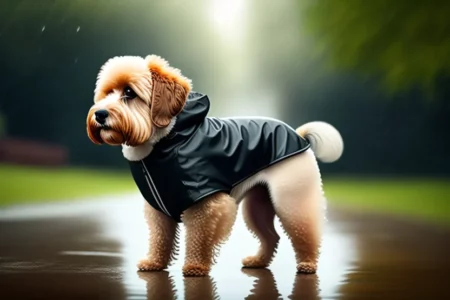 Toy Poodle standing on a wet surface with raindrops falling around it.