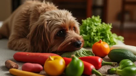 A brown, fluffy dog lying down with a variety of colorful vegetables around it.