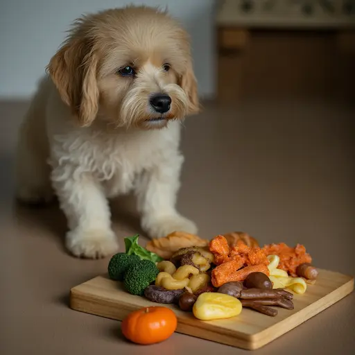 A small dog is observing a wooden board with various snacks including cheese and vegetables.