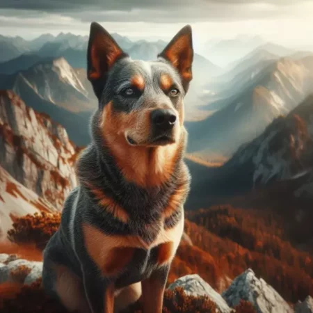 australian cattle dog sitting on a mountain overlooks a scenic landscape of peaks and valleys.