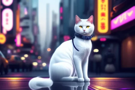 Cat cameras capture a white collared cat sitting on an urban street.