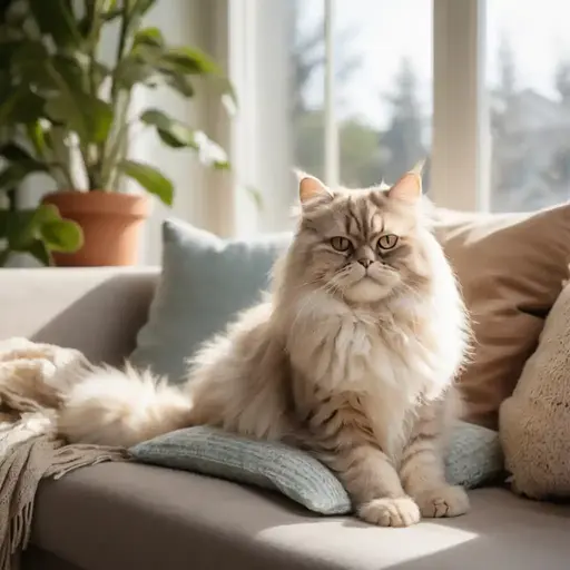 Fluffy cream-colored cat lounging on a sofa with decorative pillows, sunlight streaming through large windows behind it.