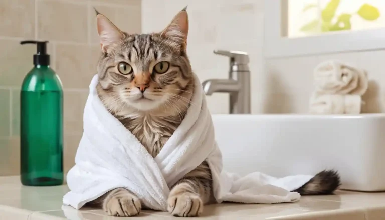 Freshly bathed cat wrapped in a towel with vet-approved cat shampoo beside it.