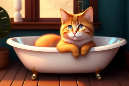 A ginger cat with blue eyes sitting inside a small white bathtub with golden feet.