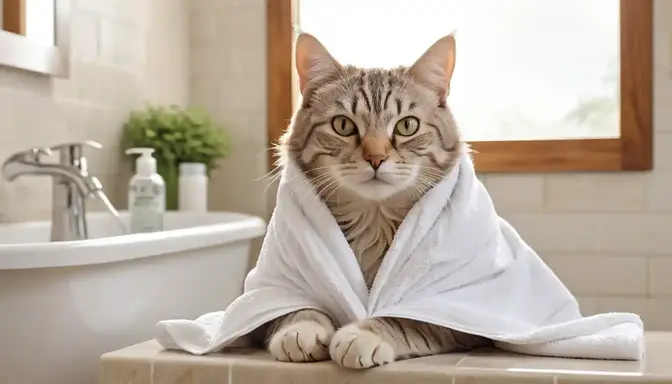 A fluffy cat wrapped in a white towel sits calmly on a countertop in a bright bathroom, exuding a serene and cozy vibe.