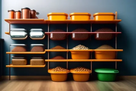 A neatly organized set of dog food containers