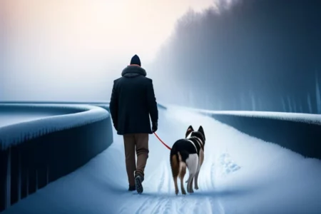 Person walking a dog on a snowy path with a misty forest in the background.