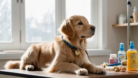 A golden retriever is sitting calmly on a puppy grooming table.