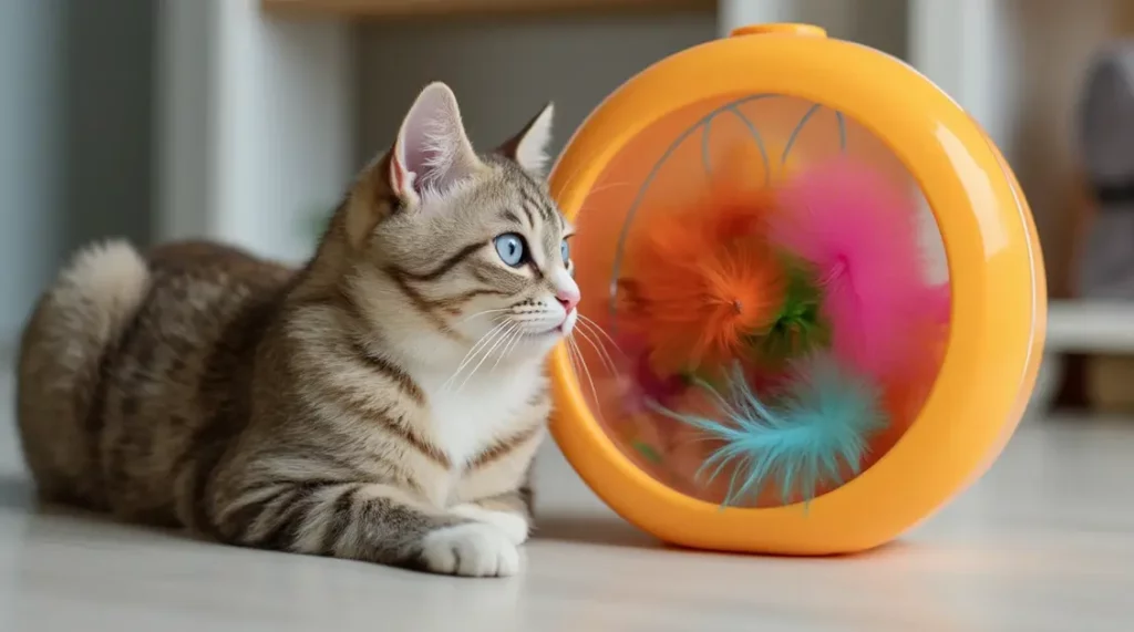 Tabby cat with blue eyes watching a spinning feather toy.