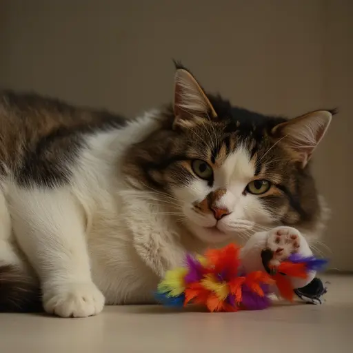 A fluffy cat lying down with a colorful feather toy, looking directly at the camera.