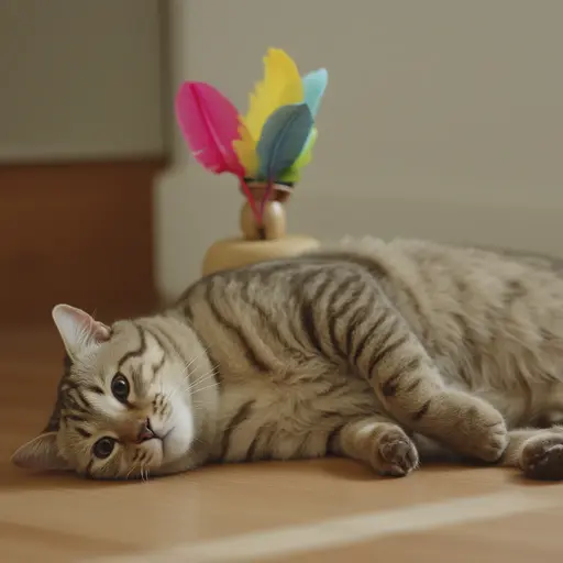 Tabby cat lying on the floor next to a toy with colorful feathers.