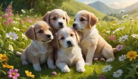 small dogs sitting in a flower field with hills in the background.