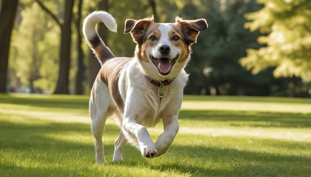 A happy mutt dog with a wagging tail