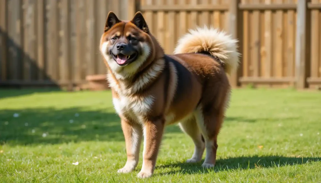 A majestic American Akita stands confidently in a sunny backyard,