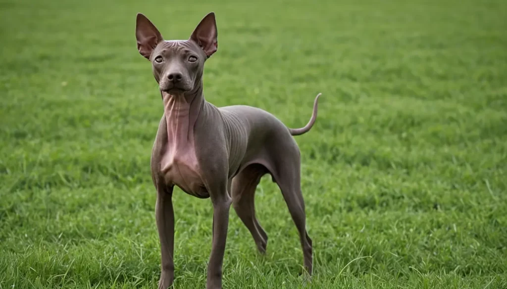 A hairless gray dog with large ears standing on a green lawn.