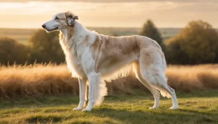 A graceful Borzoi dog running in a sunny field, demonstrating its sleek coat and athletic build.