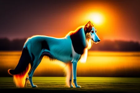 A silhouetted borzoi stands against a vibrant sunset, its fur aglow with the warm light.