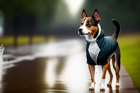 A dog in a coat standing on a wet path with trees in the background.