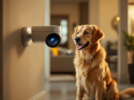 A golden retriever facing a security camera in a home interior.