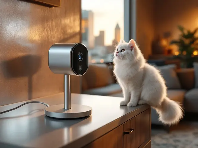 A white cat sits beside a modern desk lamp, gazing to the side, indoors at dusk.