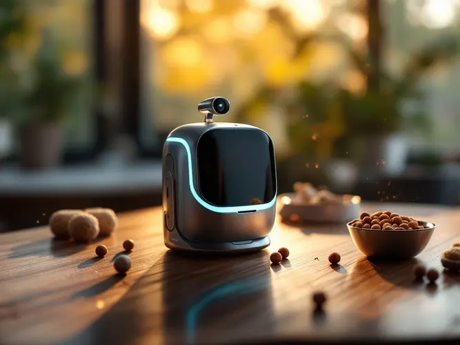 Pet camera on a wooden table beside a pet food