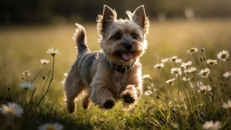 A joyful Cairn Terrier leaping through a field of daisies in the sunlight.