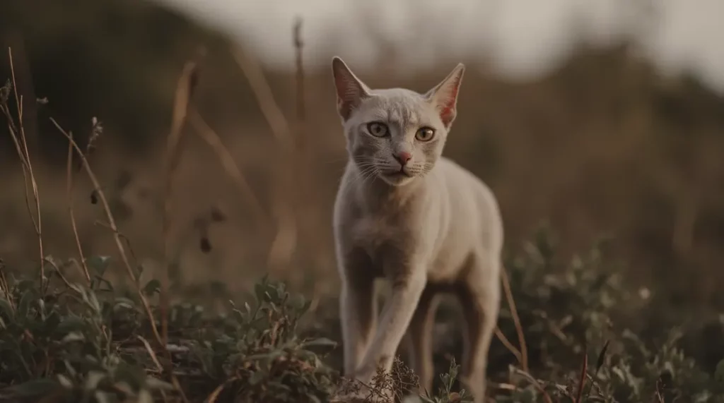 Devon Rex cat facing away in a field of grass.