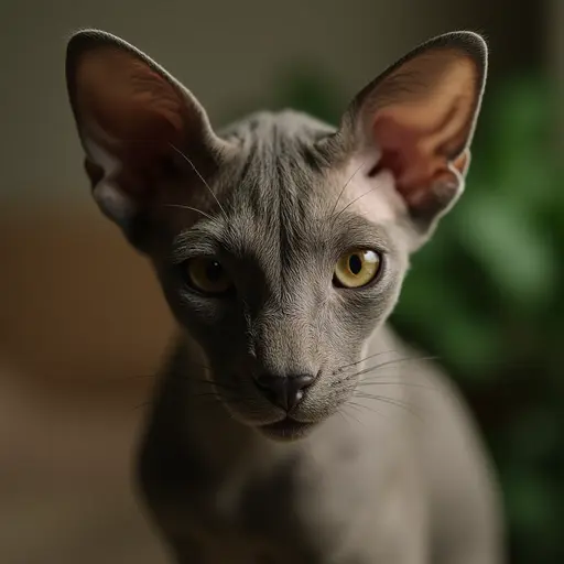 Close-up of a  Devon Rex with large ears and yellow eyes against a soft background.