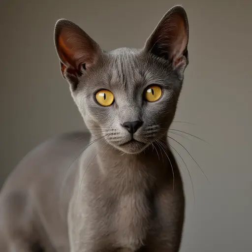 Devon Rex  with striking yellow eyes looking intently at the camera.