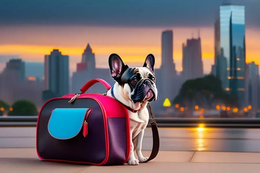A French Bulldog beside a colorful dog carrier.