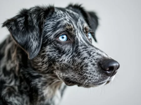 Close-up of a Merle dog with striking blue eyes.