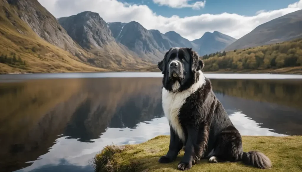Landseer Newfoundland dog sitting proudly by a lake with mountains in the background.