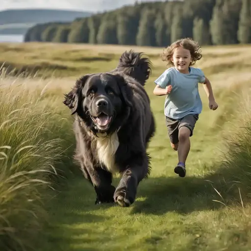 Landseer Newfoundland running beside a child in a grassy field, showing strength and gentle nature.