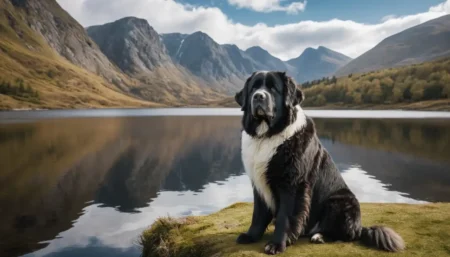 Landseer Newfoundland dog sitting proudly by a lake with mountains in the background.