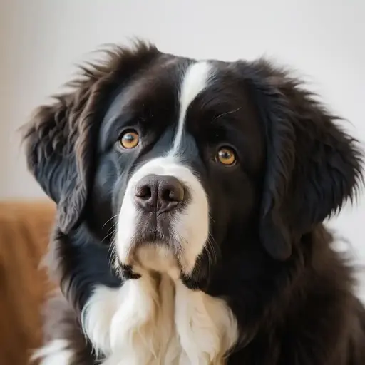 Close-up of a Landseer Newfoundland showing its distinctive black-and-white coat and gentle expression.