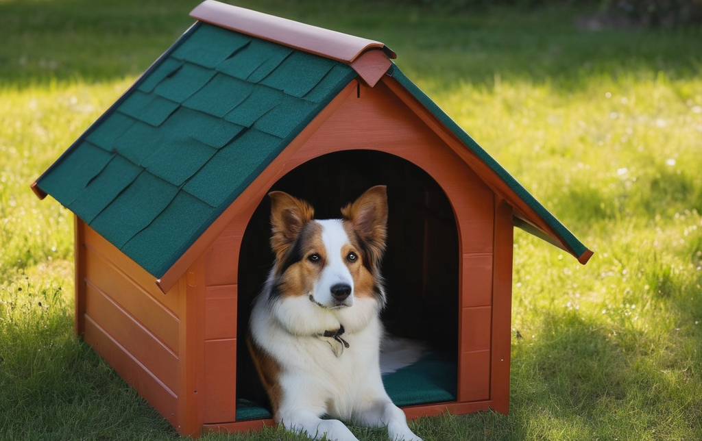 A dog sitting inside a red and green wooden doghouse on a grassy lawn.