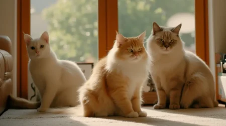 Three Fluffy Cat Breeds sitting by a doorway with sunlight streaming in.