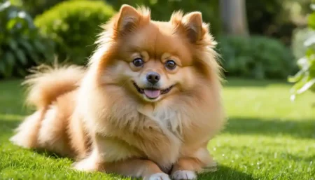A fluffy Pomeranian lounging on green grass, surrounded by blurred greenery in a sunny outdoor setting.