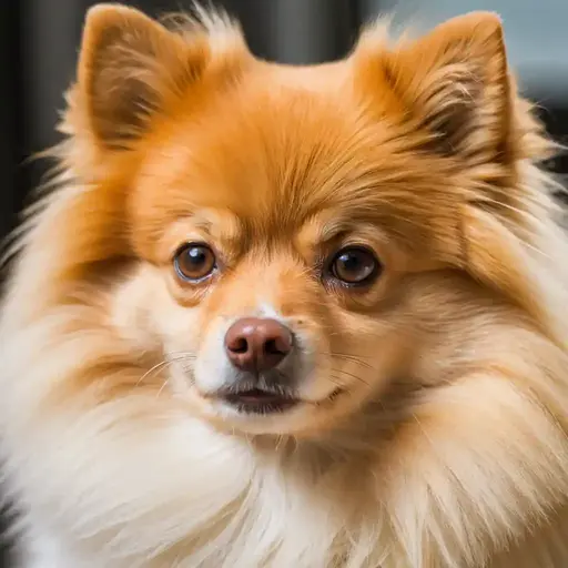 A Pomeranian with perked ears sits gracefully, showcasing its vibrant fur against a soft, indoor background.
