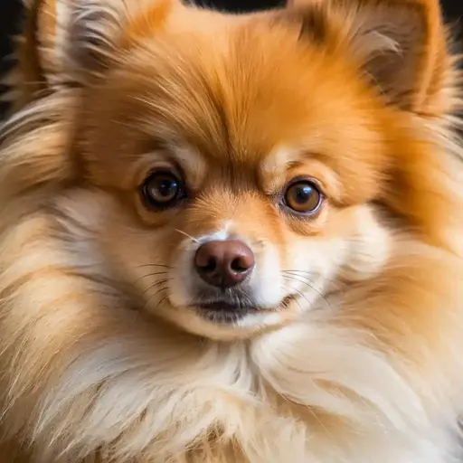 Pomeranian with vibrant fur and curious ears, set against a dark background.