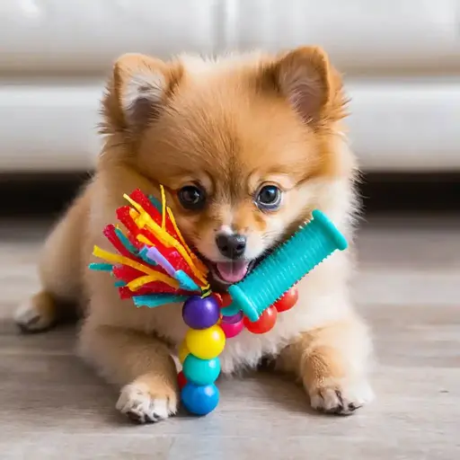 Pomeranian puppy  with light tan fur sits on the floor, playing with a colorful toy made of soft materials and vibrant beads.