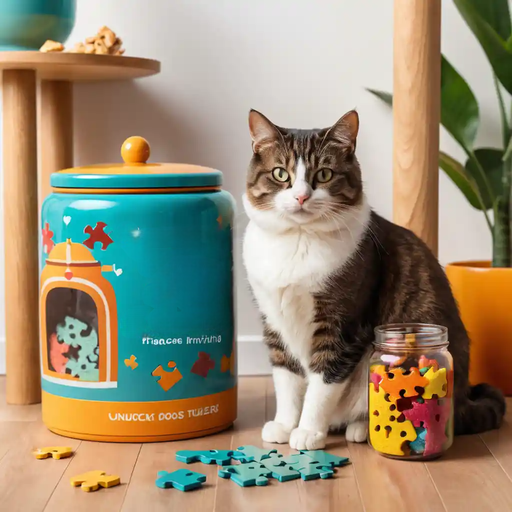 A tabby cat sits next to a colorful puzzle piece jar and a teal container featuring puzzle pieces, set in a bright, cozy room.