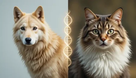 Selective breeding illustrated with a split-screen showing a wild ancestor on one side and a domesticated descendant on the other, connected by a glowing DNA helix
